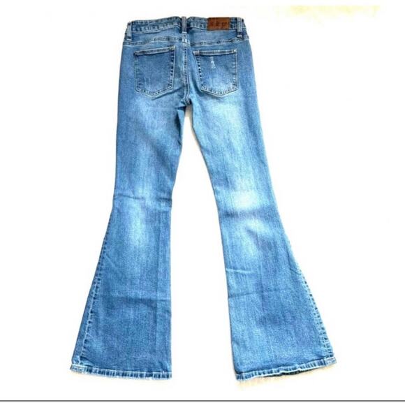Standards and Practices Distressed Holey Bell Bottom Flare Blue Jeans - Picture 2 of 11
